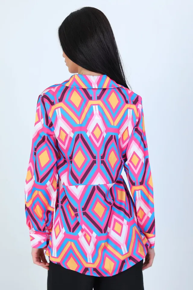 Kadın Saten Geometrik Desenli Bağlamalı Gömlek Pembemavi
