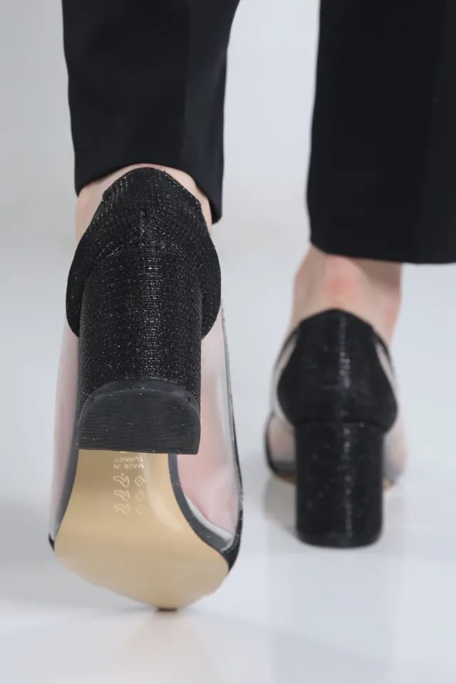Kadın Sivri Burun Şeffaf Detaylı Kalın Topuk Ayakkabı Siyahşeffaf