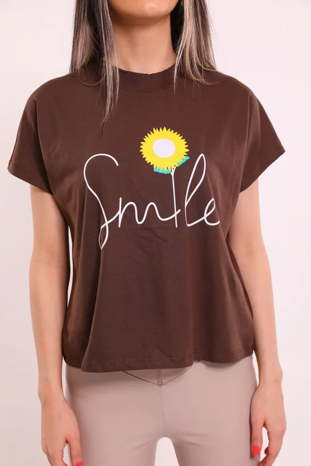 Kadın Smile Baskılı Oversize T-shirt Kahve