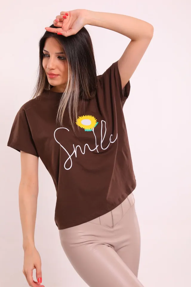 Kadın Smile Baskılı Oversize T-shirt Kahve