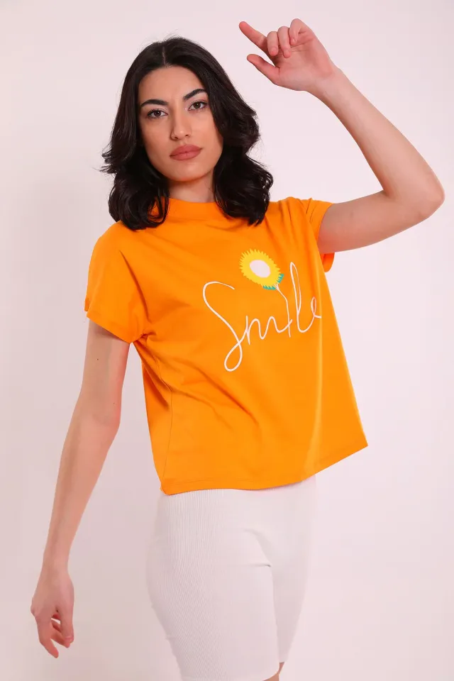 Kadın Smile Baskılı Oversize T-shirt Orange