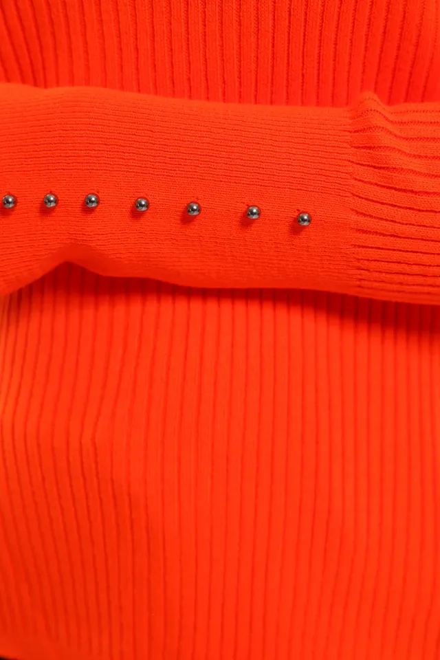 Kadın Tam Balıkçı Fitilli Bilek Boncuk Detaylı Triko Bluz Orange