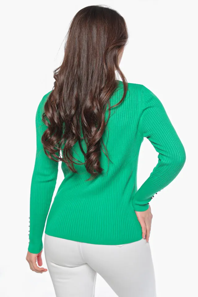 Kadın Tam Balıkçı Fitilli Bilek Boncuk Detaylı Triko Bluz Yeşil
