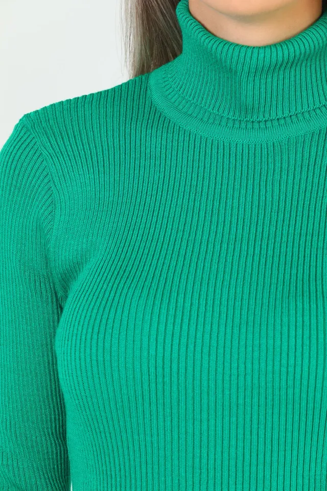 Kadın Tam Balıkçı Yaka Likralı Triko Bluz Yeşil