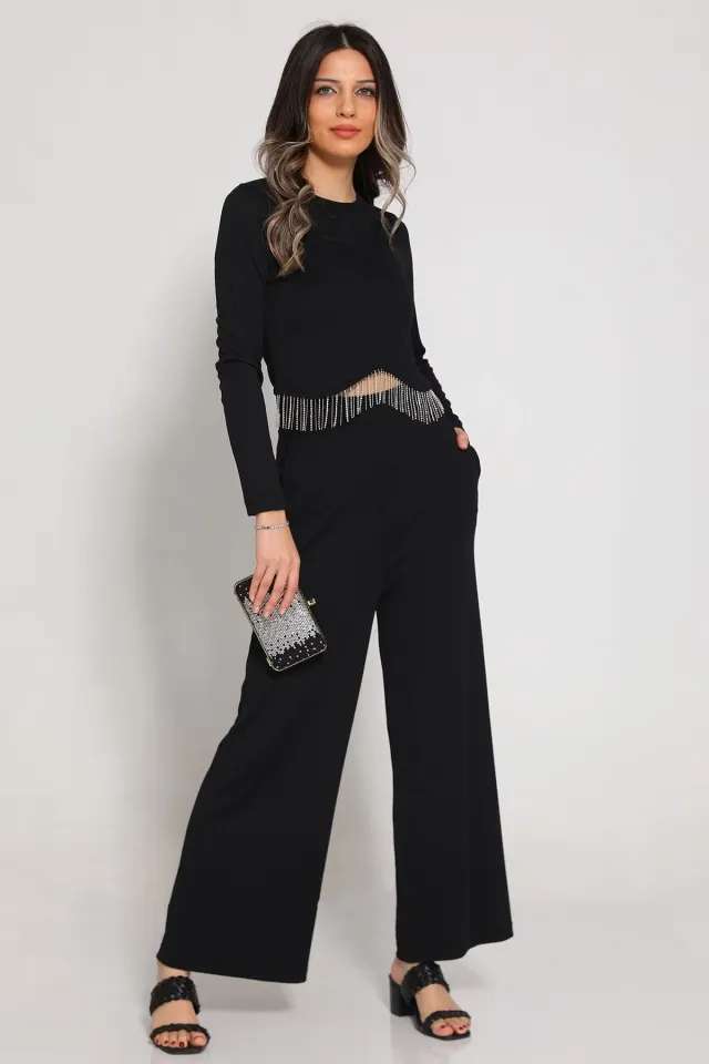 Kadın Taş Detaylı Bluz Pantolon İkili Takım Siyah