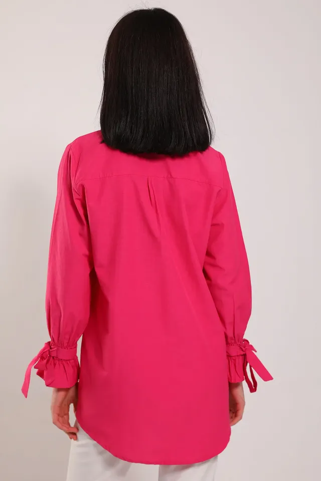Kadın Taş Detaylı Kol Ucu Bağlamalı Tunik Gömlek Fuşya