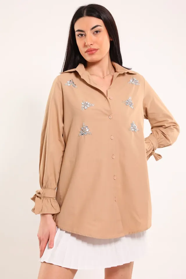 Kadın Taş Detaylı Kol Ucu Bağlamalı Tunik Gömlek Bisküvi