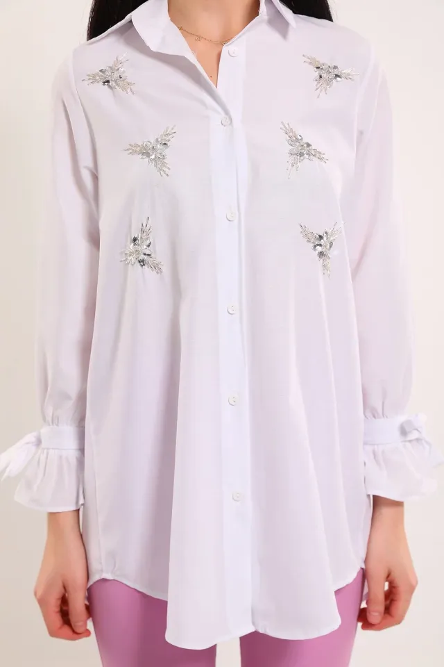 Kadın Taş Detaylı Kol Ucu Bağlamalı Tunik Gömlek Beyaz