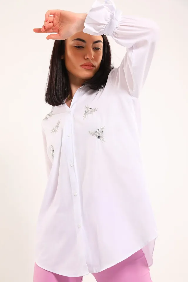 Kadın Taş Detaylı Kol Ucu Bağlamalı Tunik Gömlek Beyaz