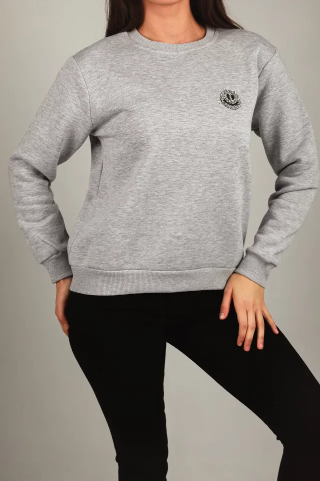 Kadın Taş Nakışlı Üç İplik Şardonlu Sweatshirt Gri