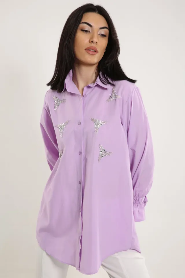 Kadın Taşli Kol Bağlamalı Tunik Gömlek Lila