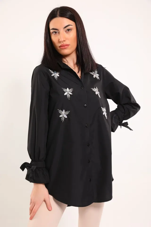 Kadın Taşli Kol Bağlamalı Tunik Gömlek Siyah
