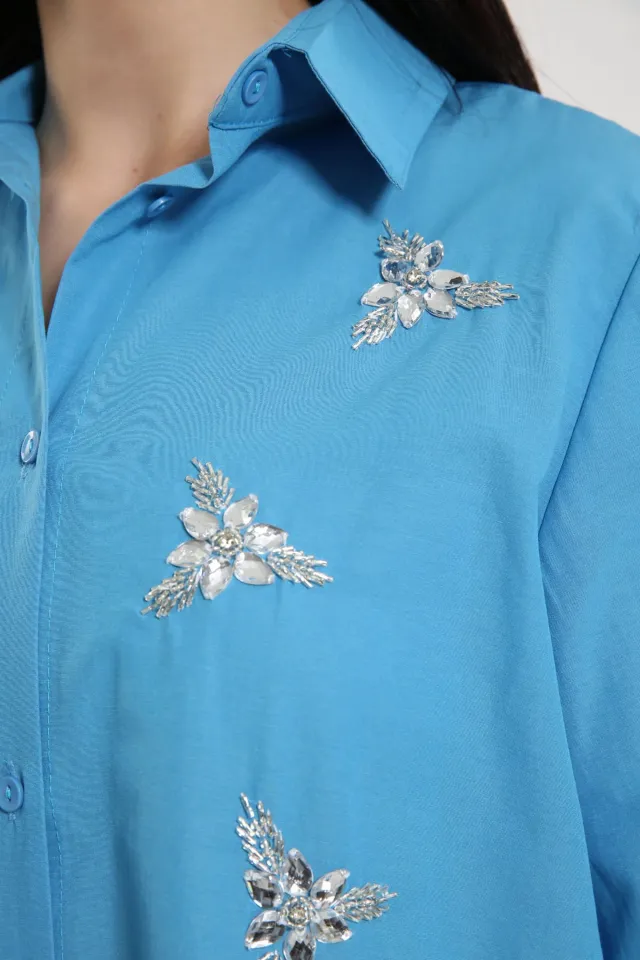 Kadın Taşli Kol Bağlamalı Tunik Gömlek Mavi