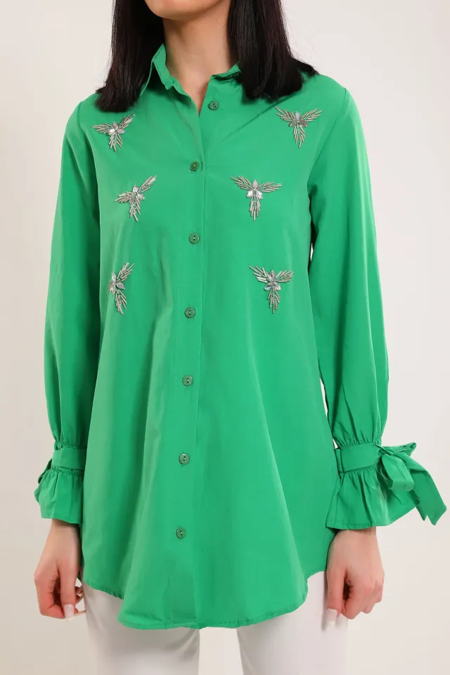 Kadın Taşli Kol Bağlamalı Tunik Gömlek Yeşil