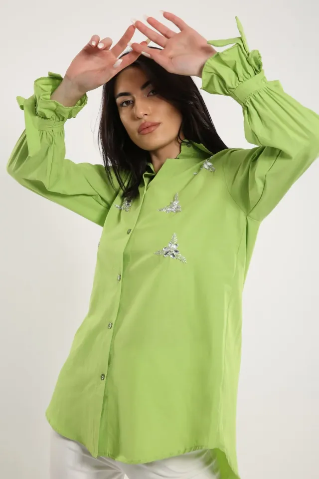 Kadın Taşli Kol Bağlamalı Tunik Gömlek Fıstık Yeşili