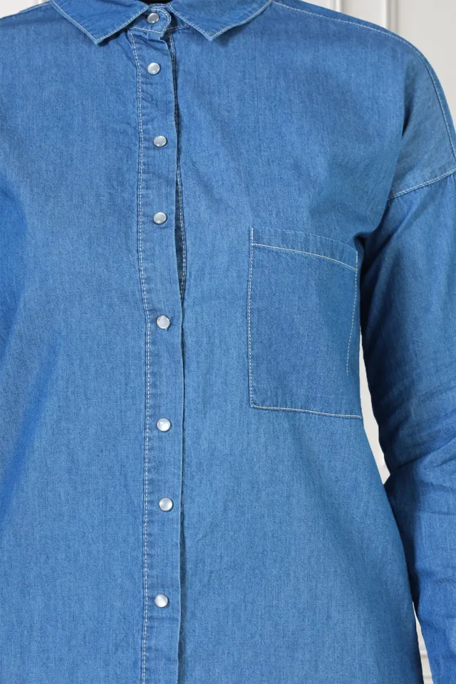 Kadın Tek Cepli Çıtçıtlı Jeans Tesettür Gömlek Tunik Mavi