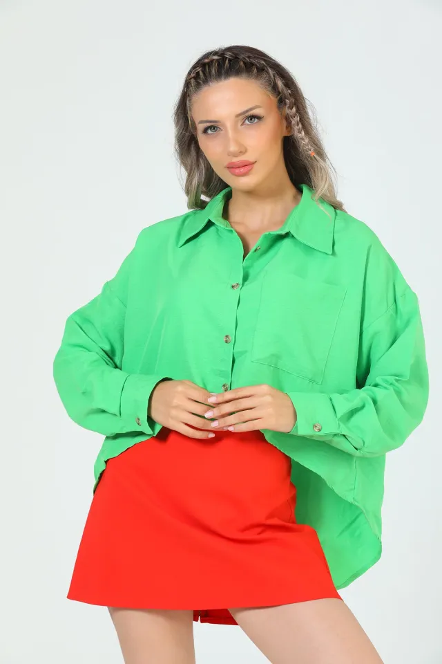 Kadın Tek Cepli Ön Kısa Arka Uzun Salaş Crop Gömlek Yeşil