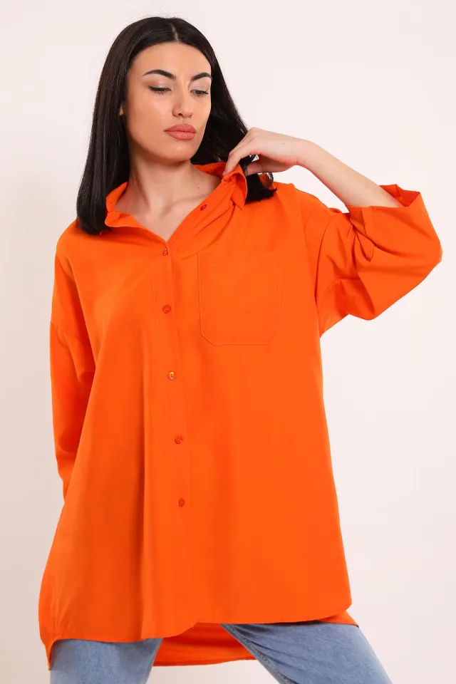 Kadın Tek Cepli Uzun Salaş Tunik Gömlek Orange