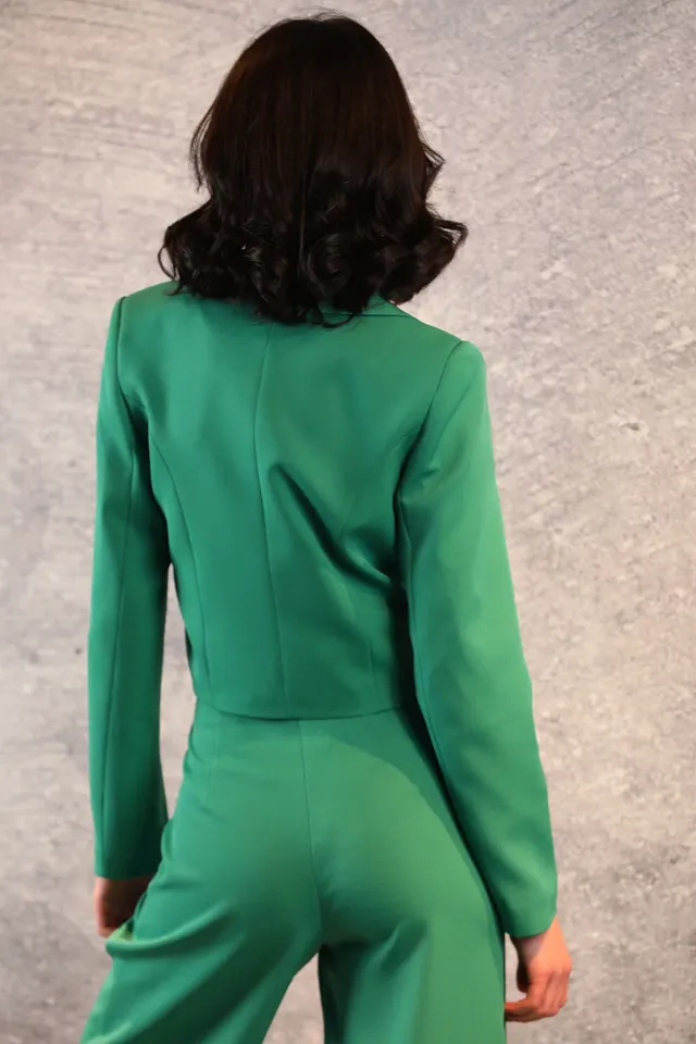Kadın Tek Düğmeli Astarlı Crop Blazer Ceket Yeşil