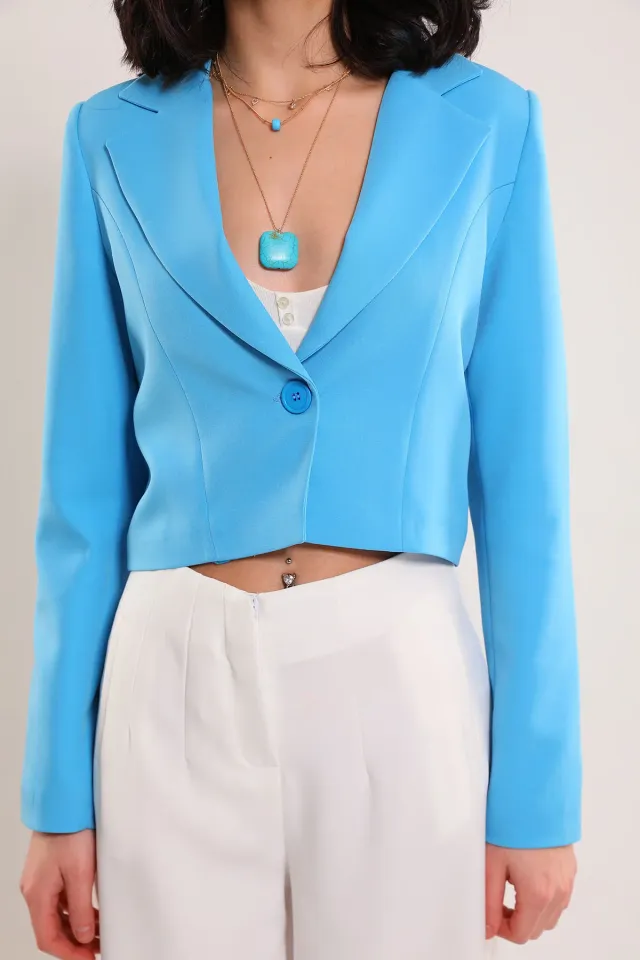 Kadın Tek Düğmeli Astarlı Crop Blazer Ceket Mavi