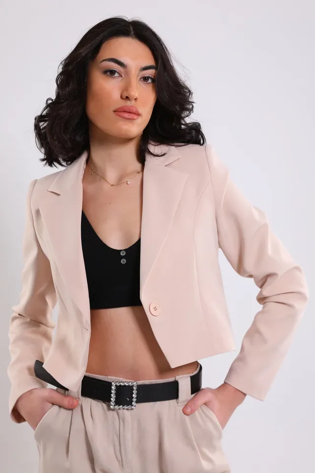 Kadın Tek Düğmeli Astarlı Crop Blazer Ceket Taş