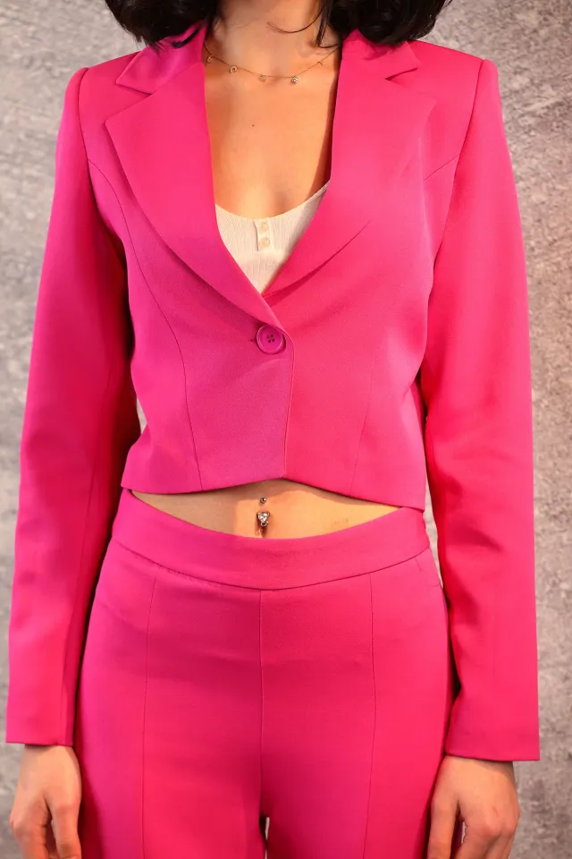 Kadın Tek Düğmeli Astarlı Crop Blazer Ceket Fuşya