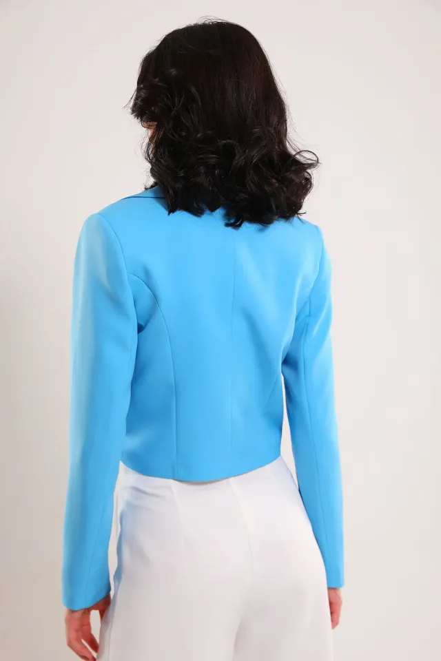 Kadın Tek Düğmeli Astarlı Crop Blazer Ceket Mavi