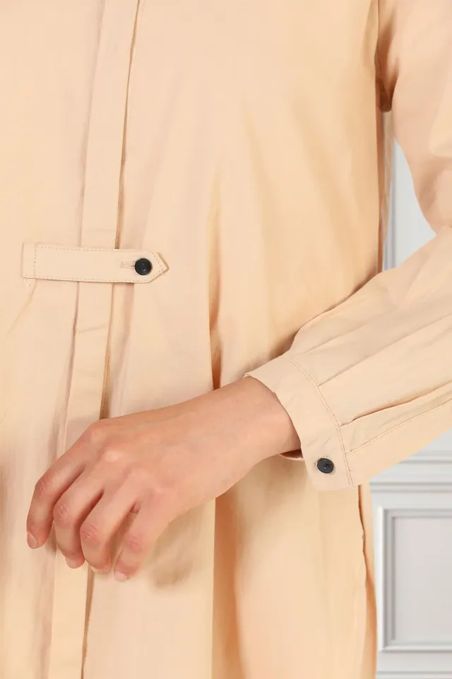 Kadın Tek Şerit Düğme Detaylı Ön Kısa Arka Uzun Tesettür Tunik Gömlek Bej