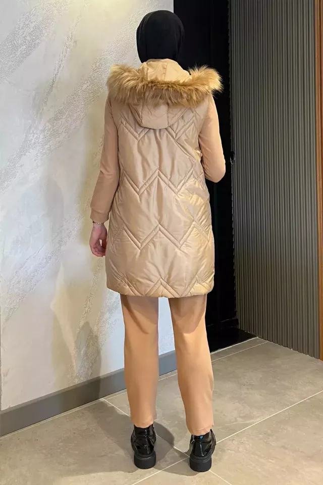 Kadın Tesettür Astarlı Kapüşonlu Yelek Tunik Pantolon Üçlü Takım Bisküvi