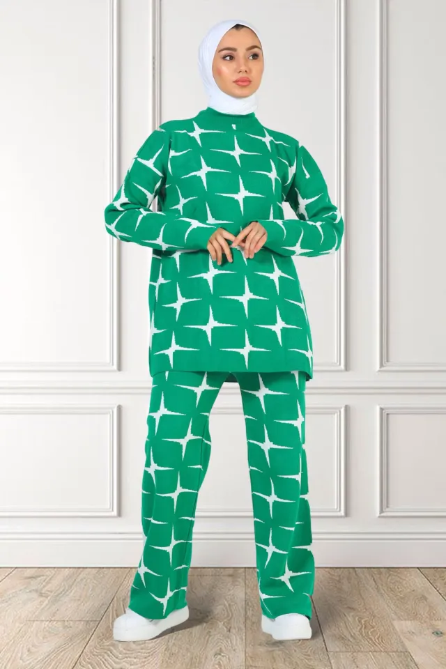 Kadın Tesettür Desenli Kazak Pantolon Triko İkili Takım Yeşil