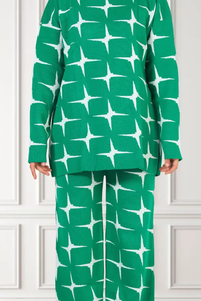 Kadın Tesettür Desenli Kazak Pantolon Triko İkili Takım Yeşil