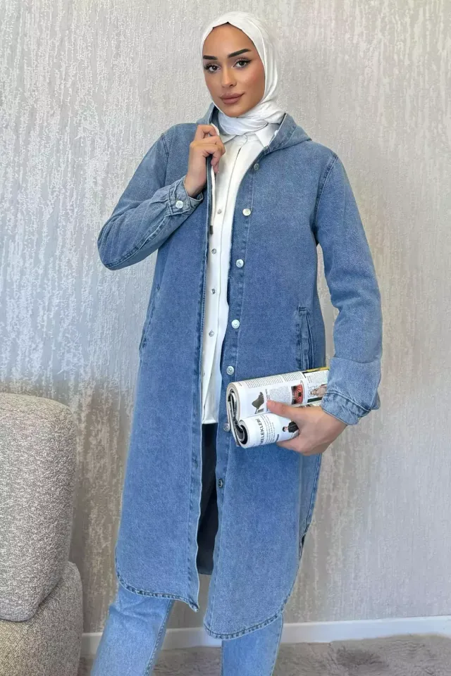 Kadın Tesettür Kapüşonlu Kot Jean Kap Buzmavisi