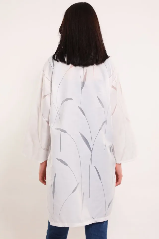 Kadın Transparan Detaylı Yırtmaçlı Kimono Hırka Krem
