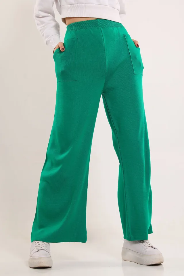 Kadın Cepli Bol Paça Triko Pantolon Yeşil