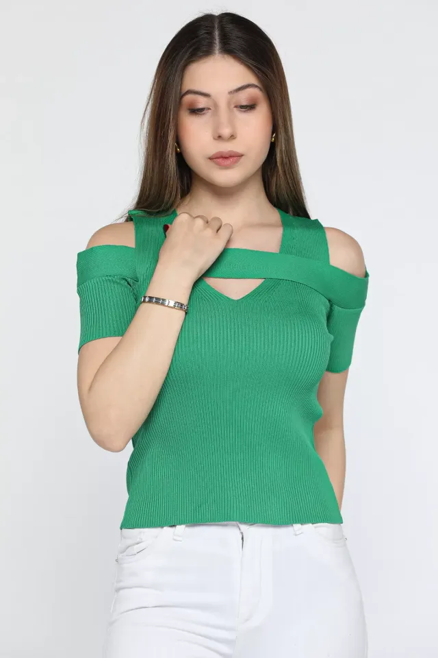 Kadın Triko Omuz Dekolteli Bluz Yeşil