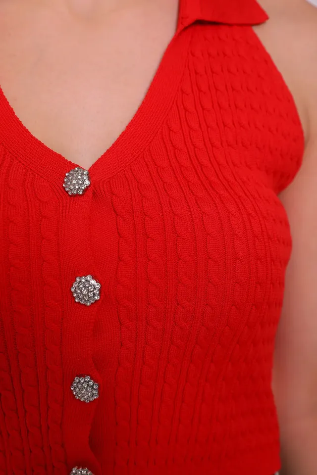 Kadın Triko Sırt Dekolteli Düğmeli Bluz Kırmızı