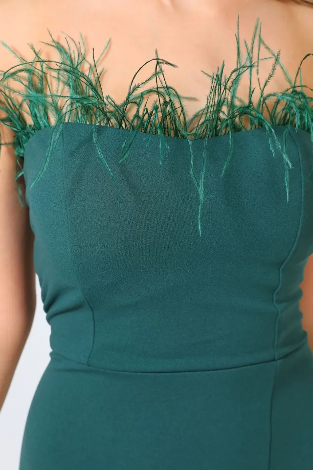 Kadın Tüylü Straplez Abiye Elbise Yeşil