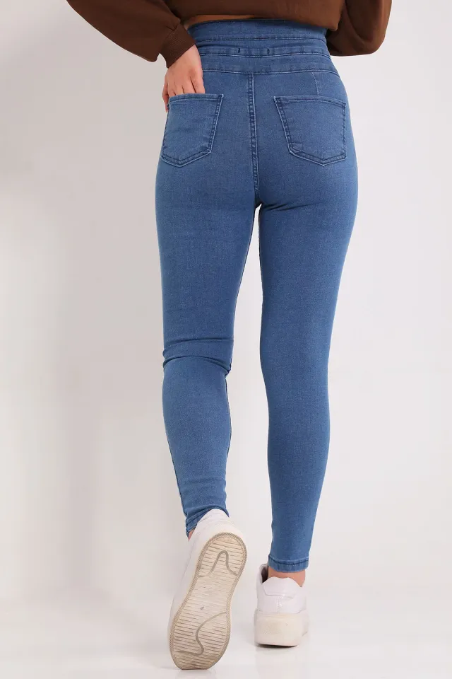 Kadın Üç Düğmeli Likralı Jeans Pantolon Mavi
