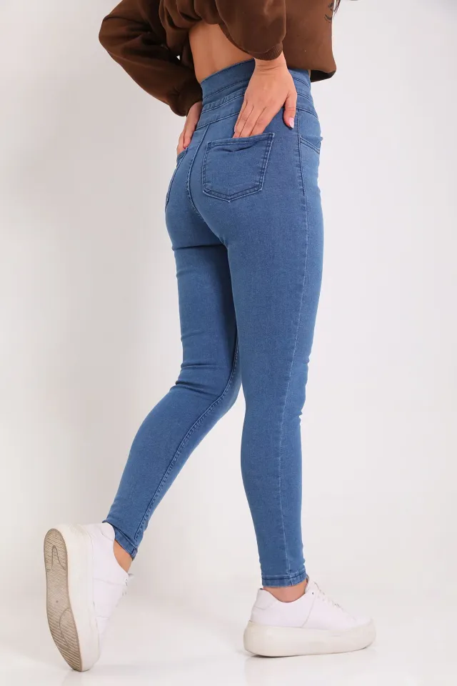 Kadın Üç Düğmeli Likralı Jeans Pantolon Mavi