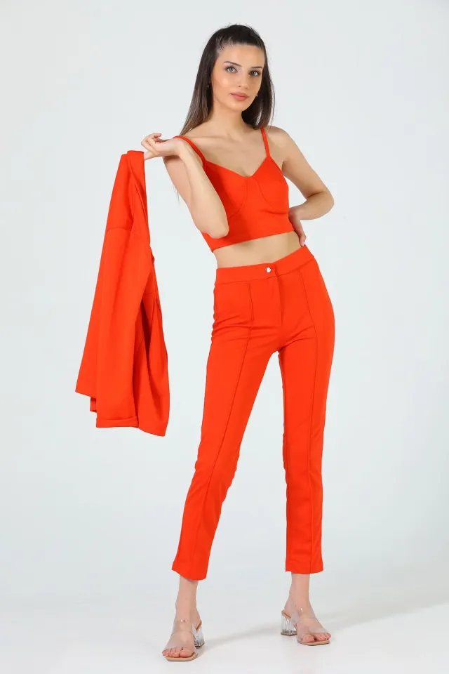 Kadın Büstiyer Ceket Pantolon Üçlü Takım Orange