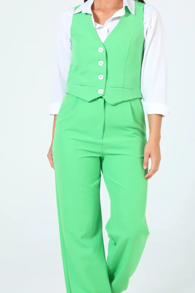 Kadın Gömlek Yelek Pantolon Üçlü Takım Yeşil