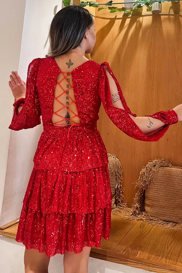 Kadın V Yaka Bel Dekolte Detaylı Sırt Bağlamalı Fırfırlı Pul Payet Kısa Abiye Gece Kıyafeti Kırmızı