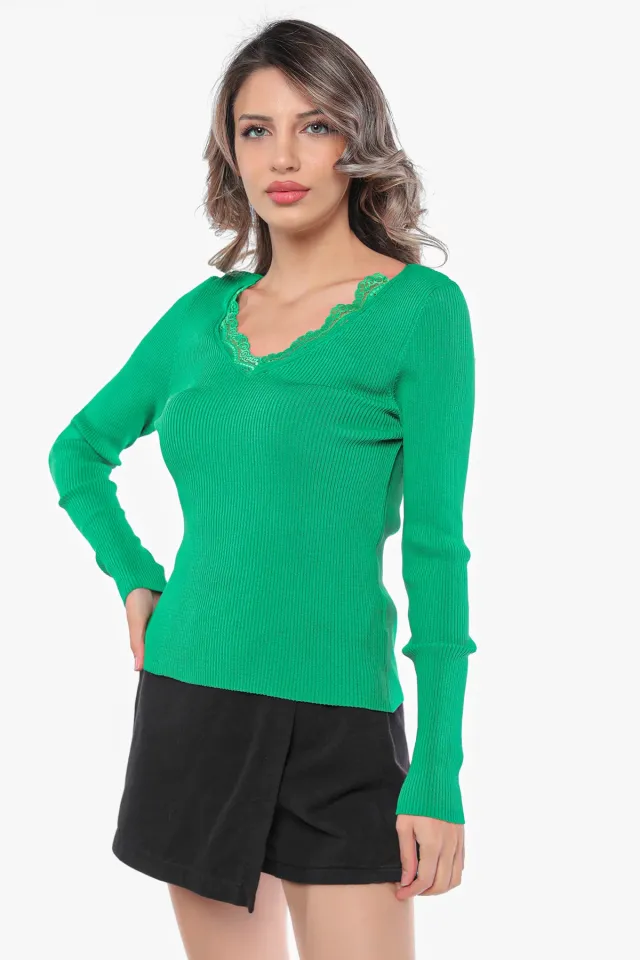 Kadın V Yaka Dantel Detaylı Triko Bluz Benetton Yeşili