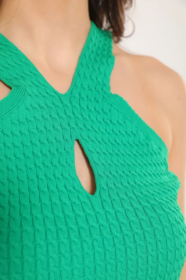 Kadın V Yaka Kalın Askılı Sırt Dekolteli Mevsimlik Triko Bluz Yeşil