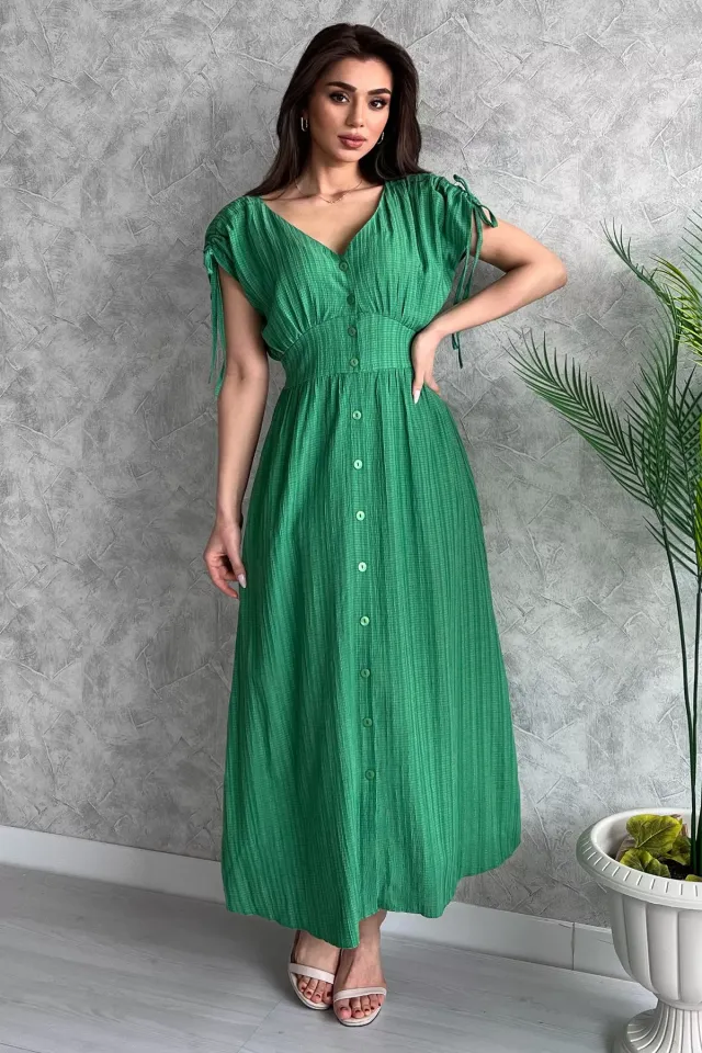 Kadın V Yaka Kol Büzgü Detaylı Ön Düğmeli Elbise Yeşil