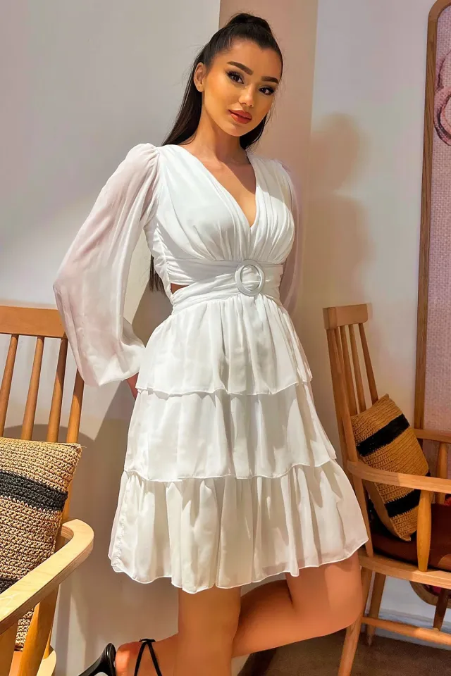 Kadın V Yaka Kol Tüllü Bel Dekolte Detaylı Sırt Bağlamalı Fırfırlı Abiye Gece Kıyafeti Beyaz