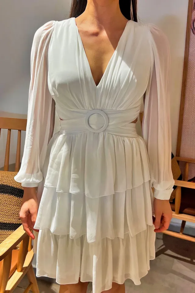 Kadın V Yaka Kol Tüllü Bel Dekolte Detaylı Sırt Bağlamalı Fırfırlı Abiye Gece Kıyafeti Beyaz