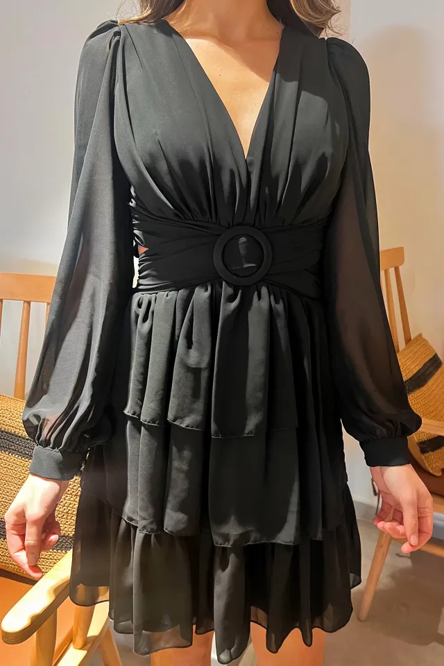 Kadın V Yaka Kol Tüllü Bel Dekolte Detaylı Sırt Bağlamalı Fırfırlı Abiye Gece Kıyafeti Siyah