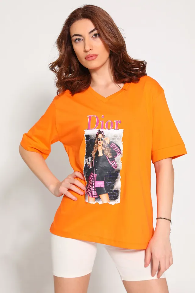 Kadın V Yaka Ön Baskılı Salaş T-shirt (30 Derecede Yıkayınız.) Orange