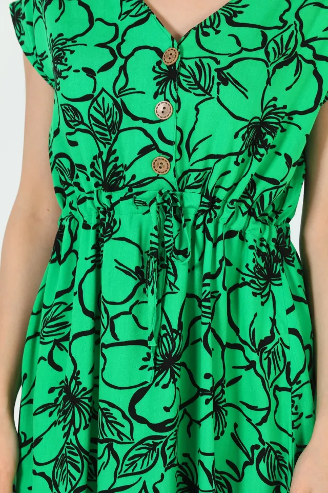 Kadın V Yaka Ön Düğme Detaylı Desenli Elbise Yeşil